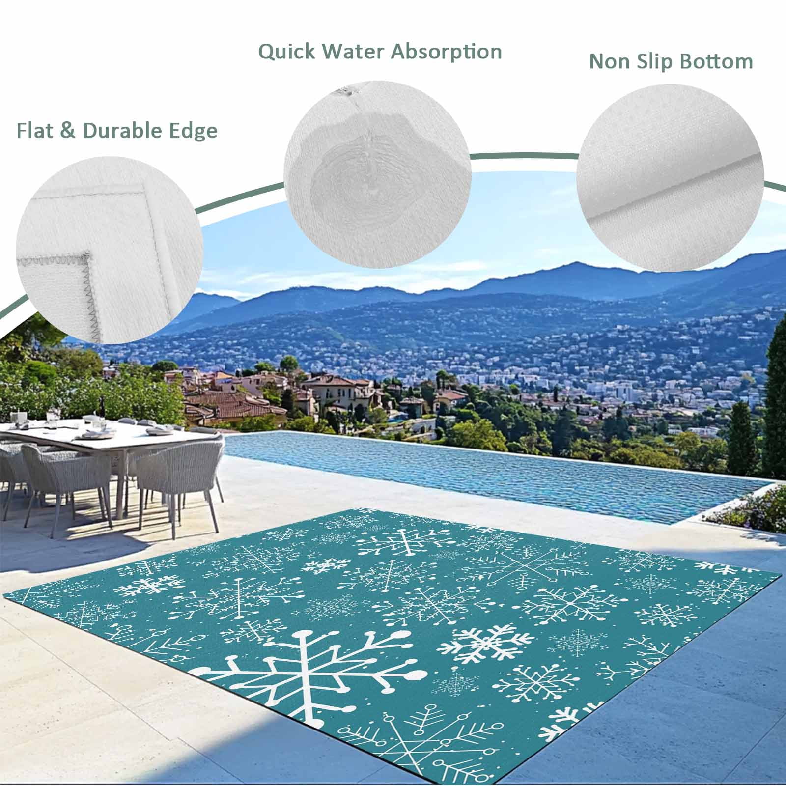 Fsddascl Teal Snowflake Christmas Outdoor Rug for Patio/Deck/Porch, Non-Slip Large Area Rug 5 x 8 Ft, Xmas Snowflake Indoor Outdoor Rugs Washable Area Rugs, Reversible Camping Rug Carpet Runner