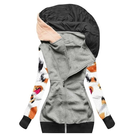 

Trench Coats for Women Fall Jackets for Women Trendy Women Casual Printed Long Sleeve Hooded Outwear Patchwork Loose T-Shirt Autumn Blouse Tops Long Cardigans for Women New Womens Jacket Yellow L