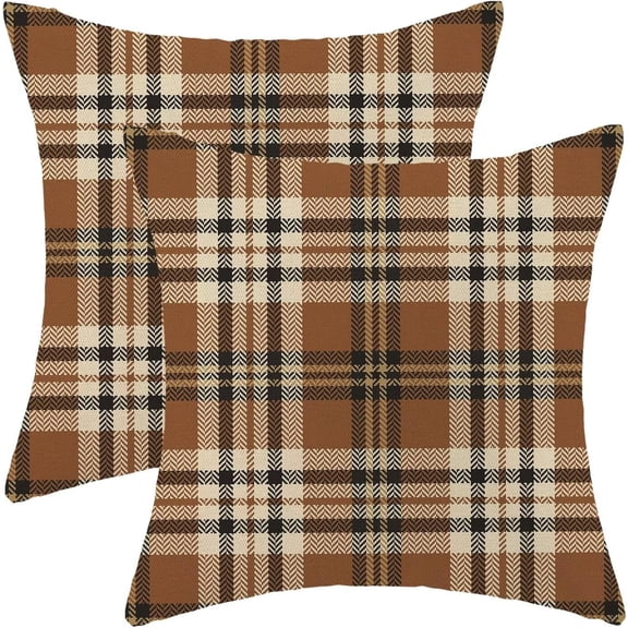 Fall Pillow Covers 18x18 Inch Set of 2, Autumn Thanksgiving Harvest Outdoor Decorative Throw Pillowcase Brown Plaids Cushion Cover for Sofa Couch Farmhouse Living Room Bed Decor