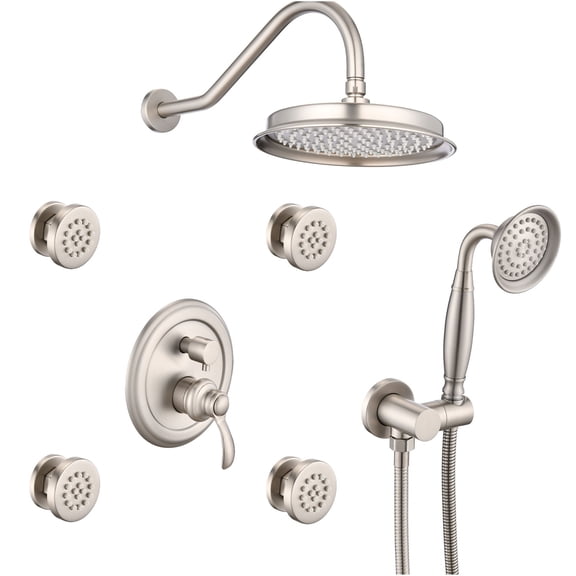 JERFIT 4-Function Luxury Shower System with Rain Shower Head, Body Sprays & Handheld in Brushed Nickel, Valve Included