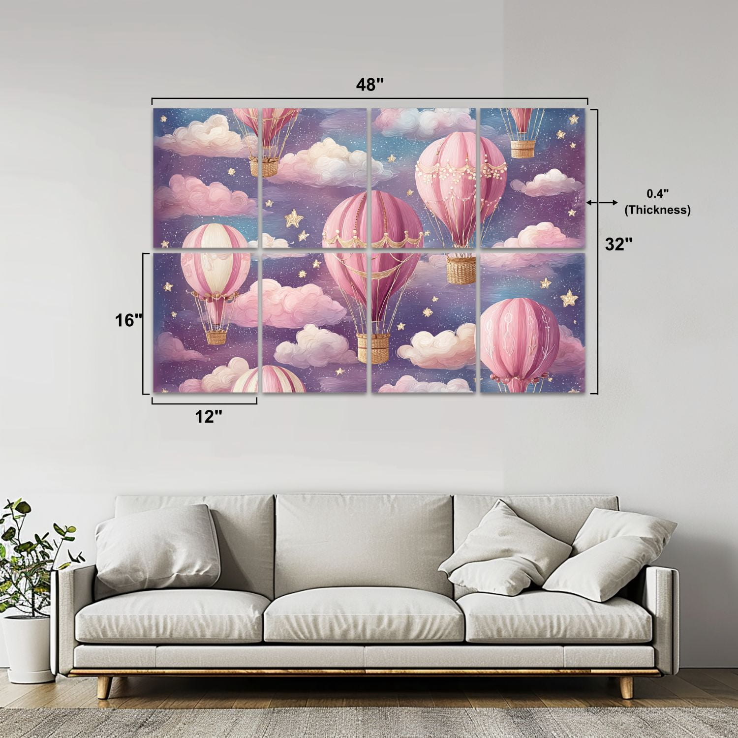 8 Pack Art Acoustic Panels Whimsical Pink Hot Air Balloons Floating Starry Sky Clouds Self Adhesive Sound Absorbing Panels for Home Office Studio Media Room 48"x32"