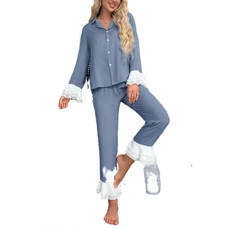 

Women s Pajama Sets Dusty Blue Elegant Colorblock Lapel Pant Sets Long Sleeve