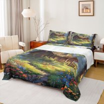 Manfei Vintage Rustic Cottage Twin Sheet Sets 3pcs for Female Men,Nature Scenery Twin Fitted Sheet Microfiber,Colorful Floral Flowers Breathable Flat Sheet,Microfiber Bedroom Decor