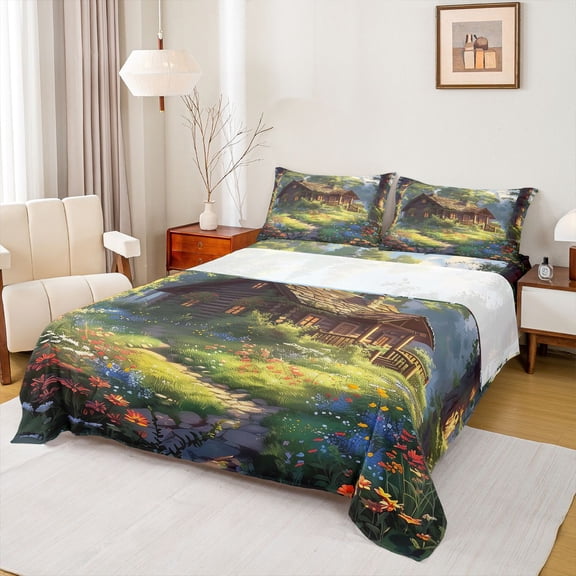 Manfei Vintage Rustic Cottage Twin Sheet Sets 3pcs for Female Men,Nature Scenery Twin Fitted Sheet Microfiber,Colorful Floral Flowers Breathable Flat Sheet,Microfiber Bedroom Decor