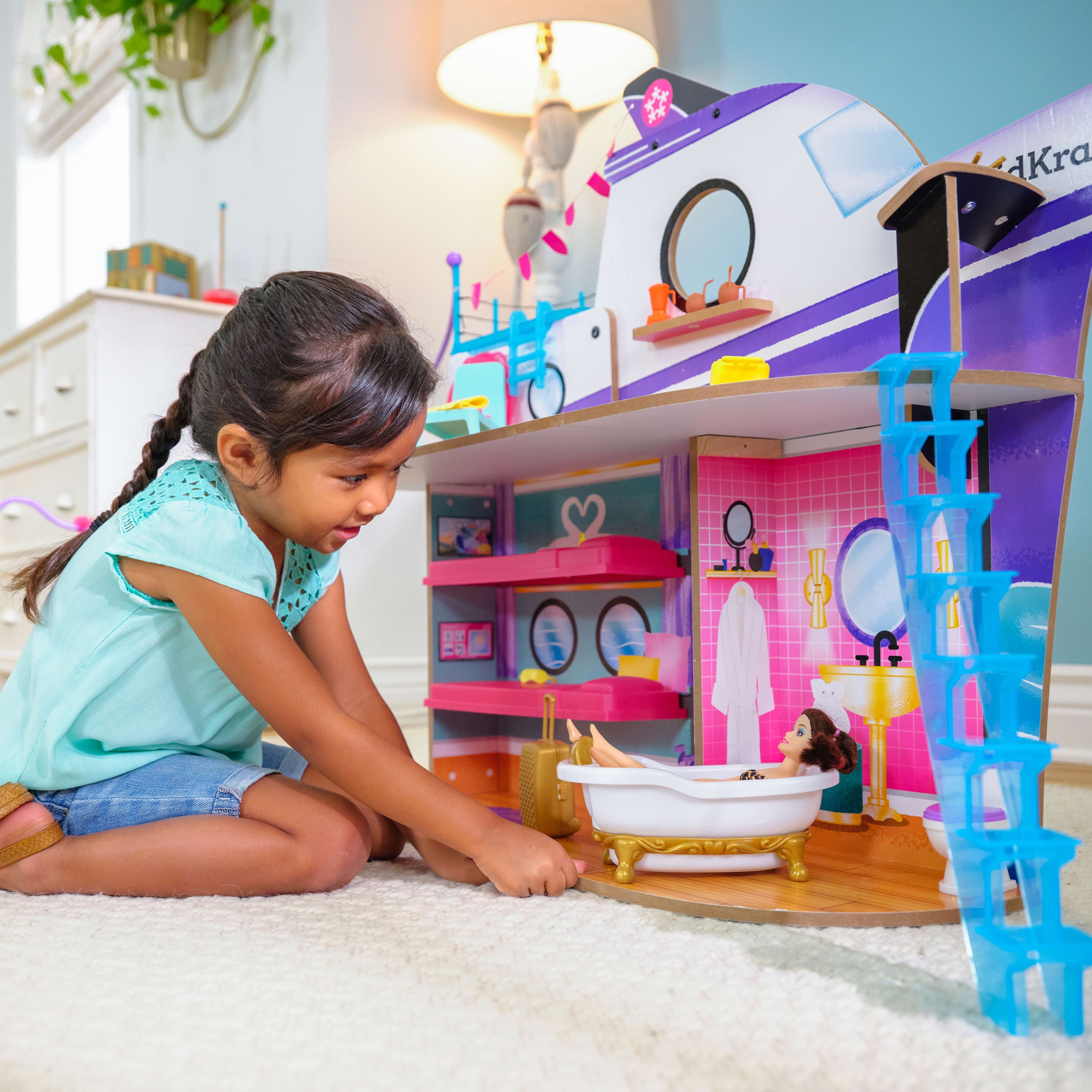 KidKraft Luxe Life 2-in-1 Wooden Cruise Ship and Island Doll Play Set with 18 Accessories
