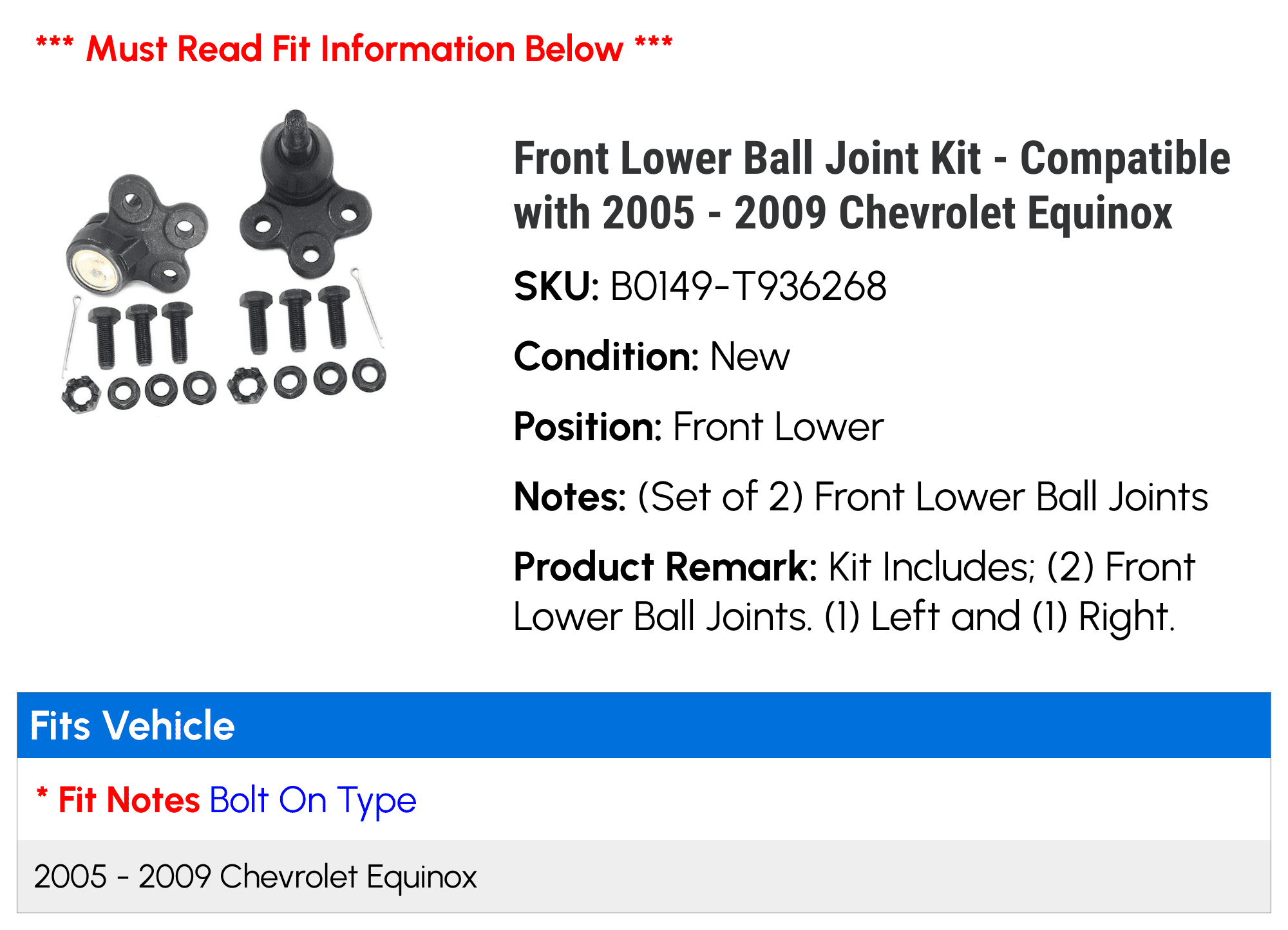 Front Lower Ball Joint Kit - Compatible with 2005 - 2009 Chevy Equinox 2006 2007 2008