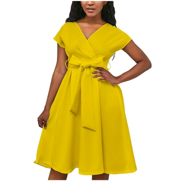 QIPOPIQ Women's Plus Size Cap Bell Sleeve V Neck Wrap Belted A Line Swing Midi Dress Clearance