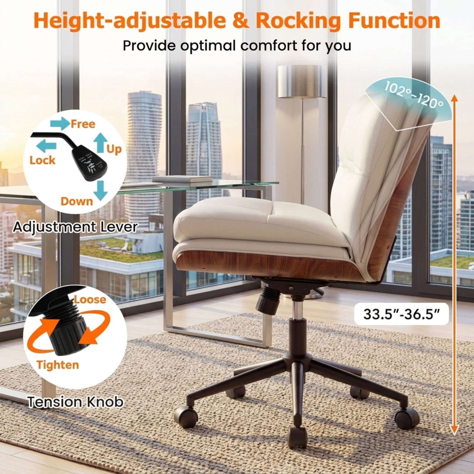 Furnibear Armless Office Chair with Curved Backrest and Padded Faux Leather Seat Small Rolling Vanity Task Chair for Home Office Bedroom Study, White