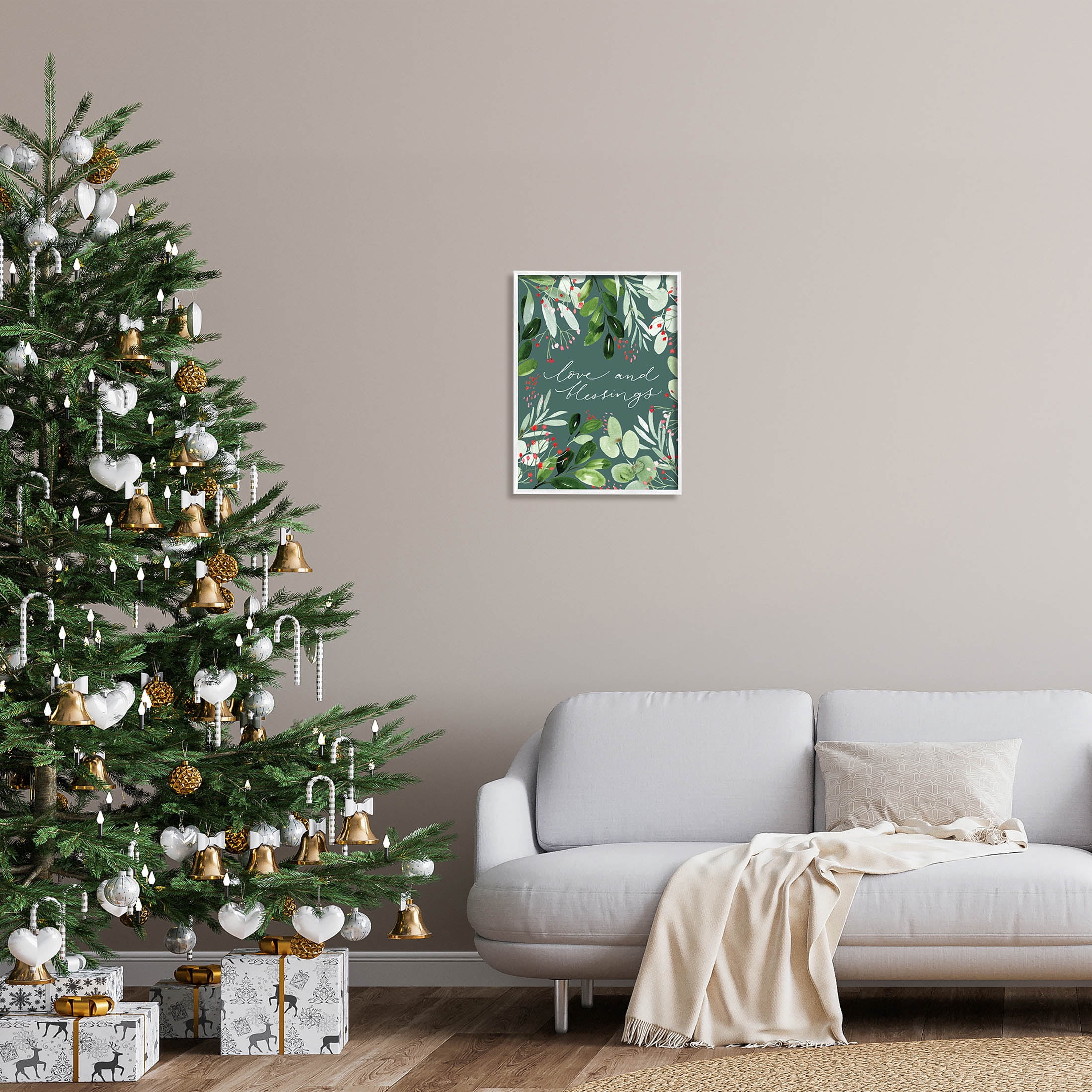 Love & Blessings Green Floral Leaves Holiday Graphic Art White Framed Art Print Wall Art