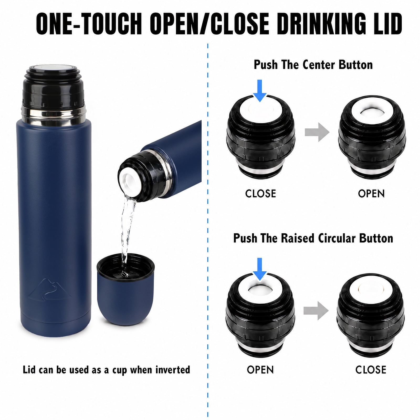 Ozark Trail 18oz Vacuum Insulated Stainless Steel Double Wall Thermal Water Bottle with Cup ,Navy Blue