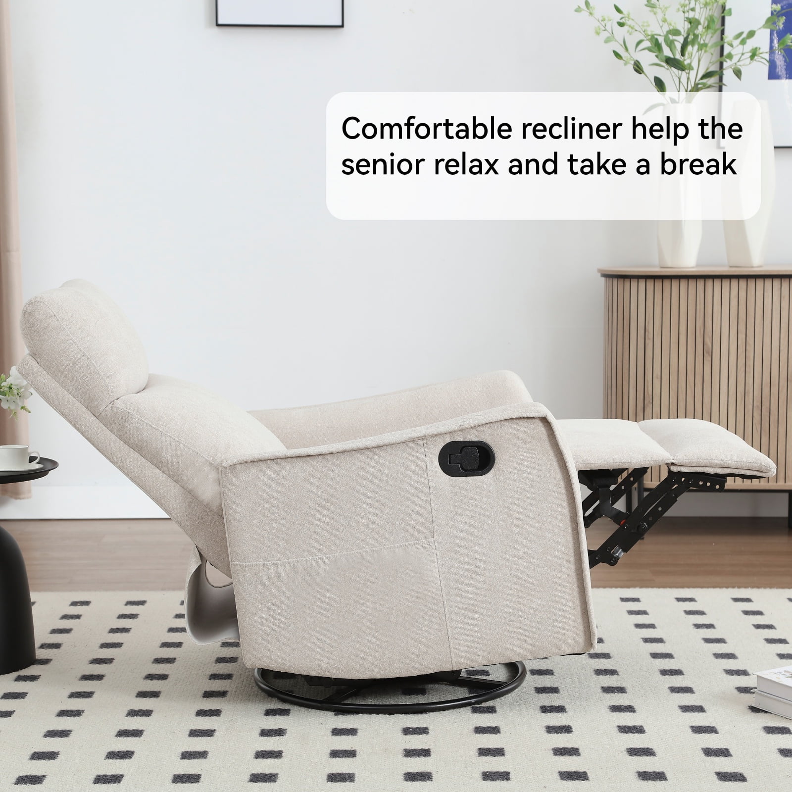 Bellemave Manual Recliner Chair with Massage and Heating Home Theater Recliner Rocking Chair Nursery Swivel and Rocker Chair with High Back in Fabric for Living Room, Bedroom (Beige)