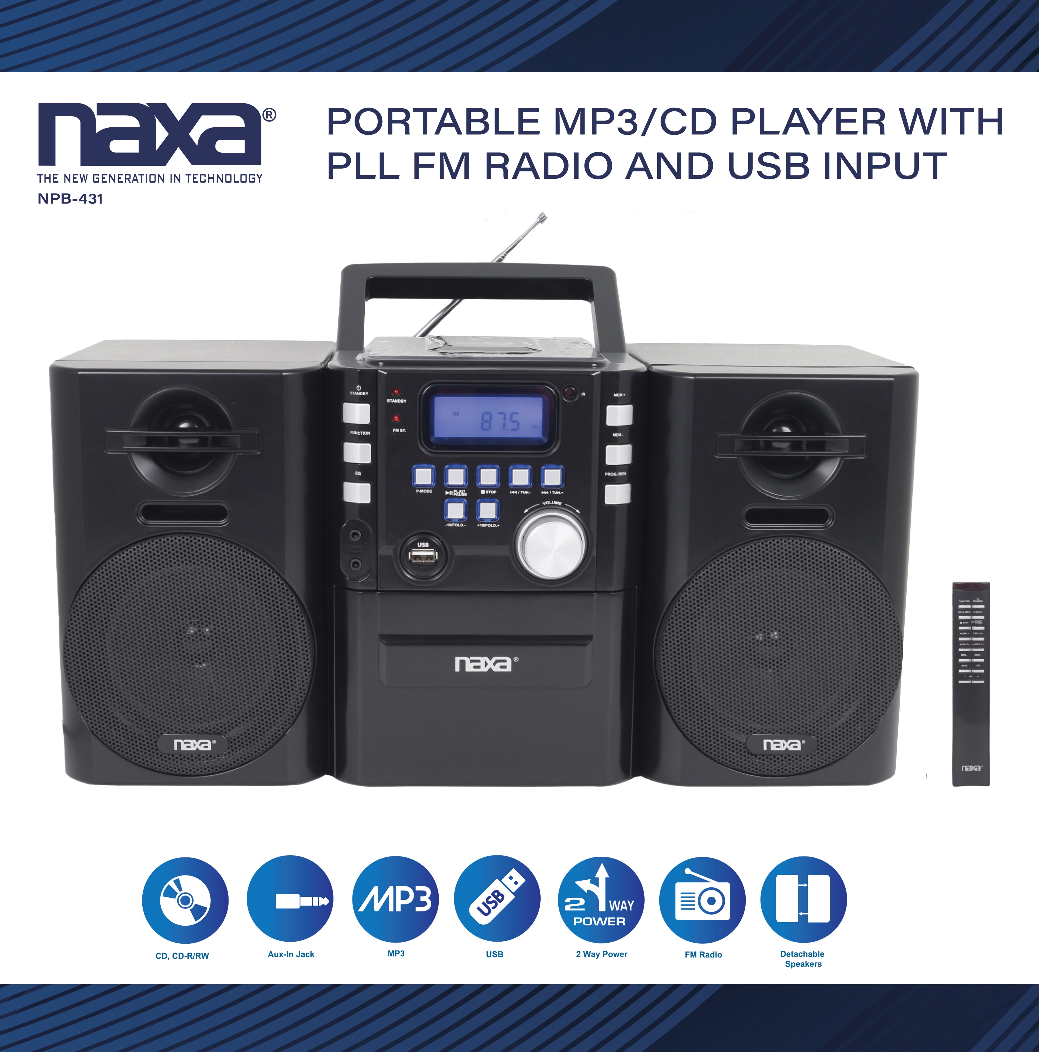 Naxa NPB 273 RadioCD PlayerCassette Recorder Boombox 1 x Disc 20 W  Integrated Stereo Speaker Black CD DA MP3 SD SDHC USB Auxiliary Input -  Office Depot