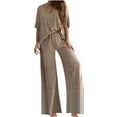 thumbnail image 3 of WRKEKC Women Outfits Sets, Womens Sets 2 Piece Outfits, Ladies' Casual Summer Trendy Solid Color Short Sleeve Tops and Loose Wide Leg Pants Trousers Two-Piece Suits, 3 of 8