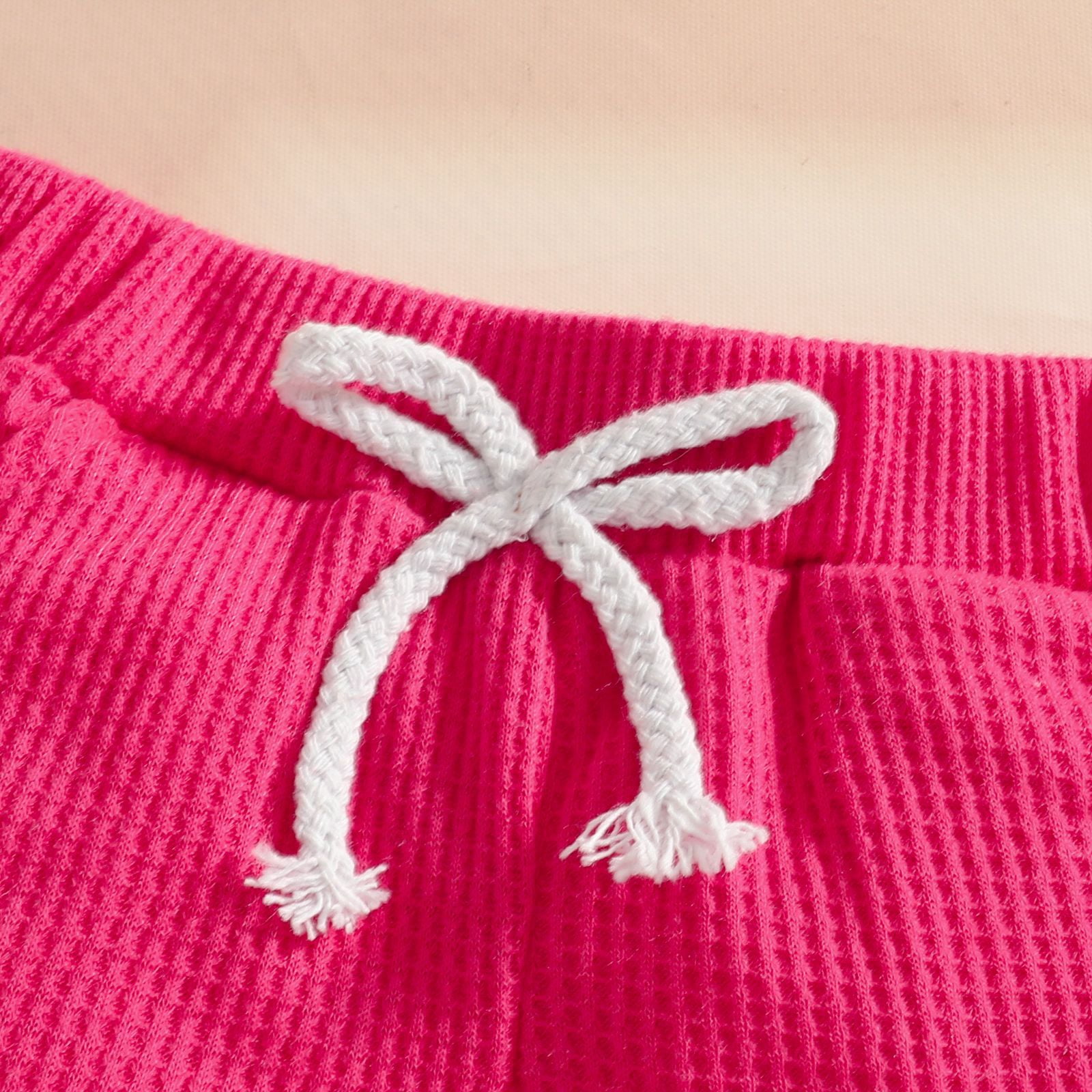 Faraee 0-3 Years Toddler Baby Girl Summer Clothes Ribbed Waffle 2 Piece Outfits Tassel Hem Tank Tops Drawstring Shorts Clothing Set Hot Pink