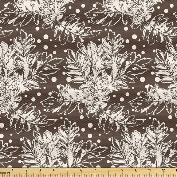 Ambesonne Botanical Fabric by the Yard Upholstery, Sketchy Leaves Circles, 1 Yard, Dark Cocoa and White
