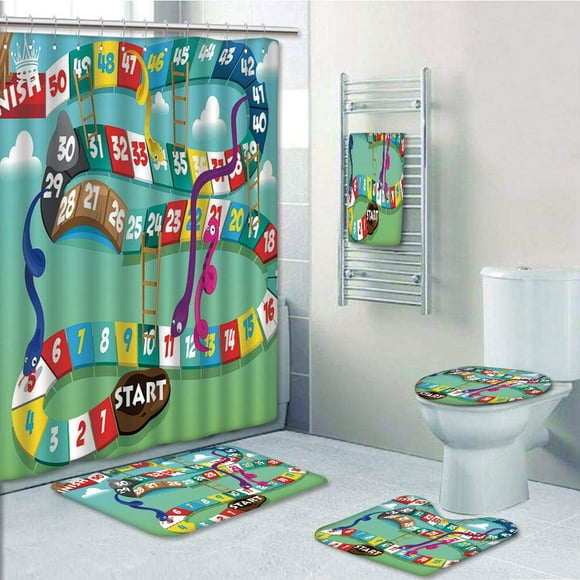 EREHome Board Game Swirled Snakes Ladders Start Finishing Line Clouds Crown Winner Childish 5 Piece Bathroom Set Shower Curtain Bath Towel Bath Rug Contour Mat and Toilet Lid Cover