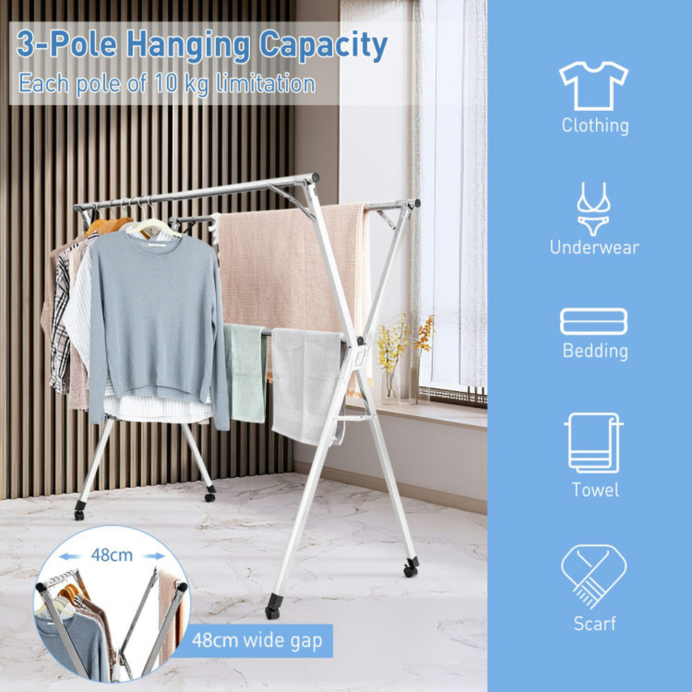 Finihen Drying Rack, Clothes Drying Rack, Foldable Steel Clothes Drying Rack with 4 Universal Wheels for Laundry, for Indoor, Outdoor, Silver Finihen Drying Rack, Clothes Drying Rack, Foldable Steel Clothes Drying Rack with 4 Universal Wheels for Laundry, for Indoor, Outdoor, Silver