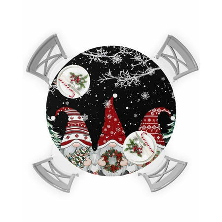 

Round Tablecloth with Elastic Christmas Gnome Winter Xmas Tree Snowflake Black Waterproof Table Cover Wipeable Fitted Table Cloths for 55 -60 Round Tables Dining Kitchen Indoor Outdoor Use