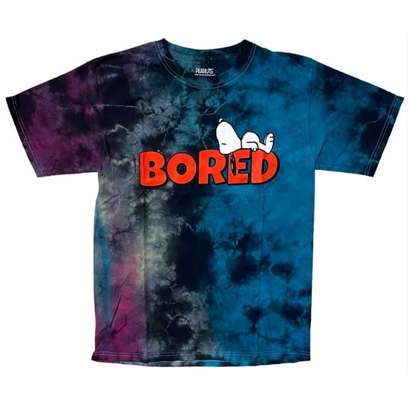Peanuts Men's Officially Licensed Tie Dye Snoopy Charlie Brown Woodstock Tee T-Shirt (Small, Aqua/Purple Snoopy Bored)