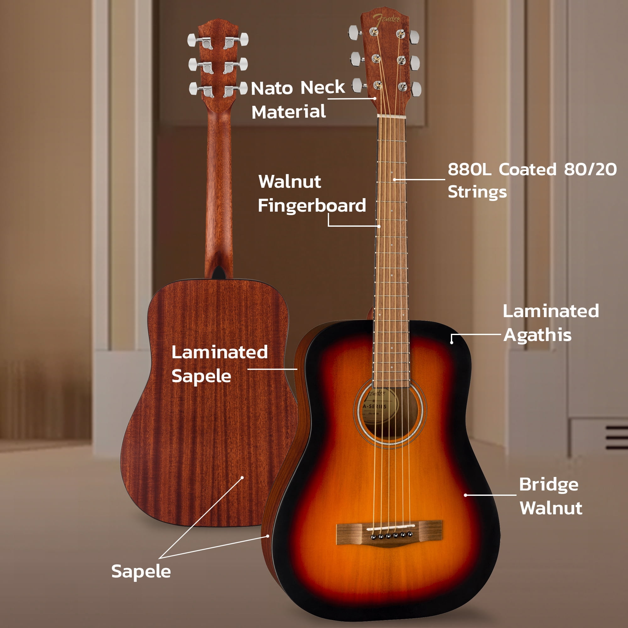 Fender FA-15 3/4-Scale Kids Steel String Acoustic Guitar - Sunburst w/ Gig Bag