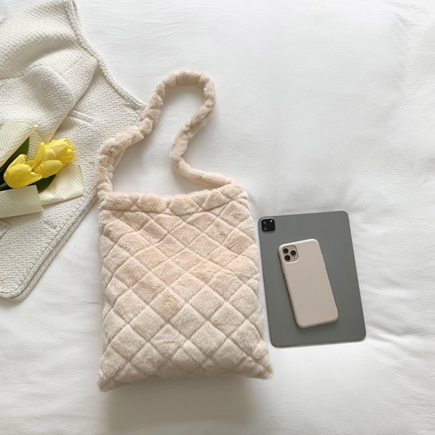 Bolsa de compras de invierno para mujer de hombro de color sólido de piel esponjosa (Beige) Likrtyny Para Estrenar