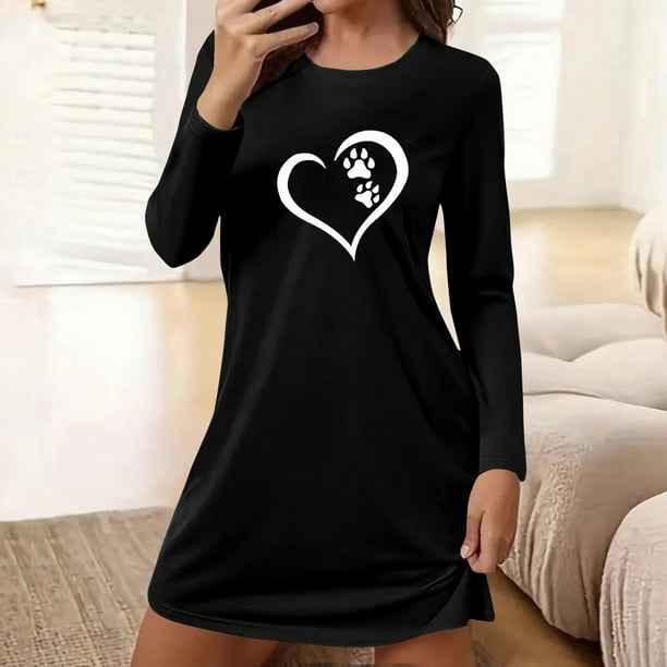 HongQid Women's Sleepshirt Dress Comfortable Nightshirt Nightgown Long Sleeve Love Heart Graphic Sleepwear