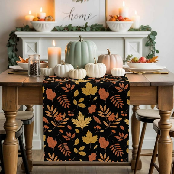 Table Runner Dresser Scarves 70 Inch Long,Fall Botanical Maple Leaves Linen Dining Table Runners Seamless Leaf on Black Tabletop Scarf for Wedding Holiday Party Kitchen