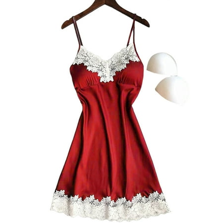 

SpringTTC Women s Chritstmas Sexy Sleeveless Lace Spliced Babydoll Nightdress with Chest Pad Lingeries