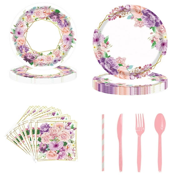 Top-kevin Purple Floral Party supplies Floral Paper Plates Napkins Forks, Garden Party Decorations for Girls Floral Birthday Party, Garden Theme Party, Tea Party