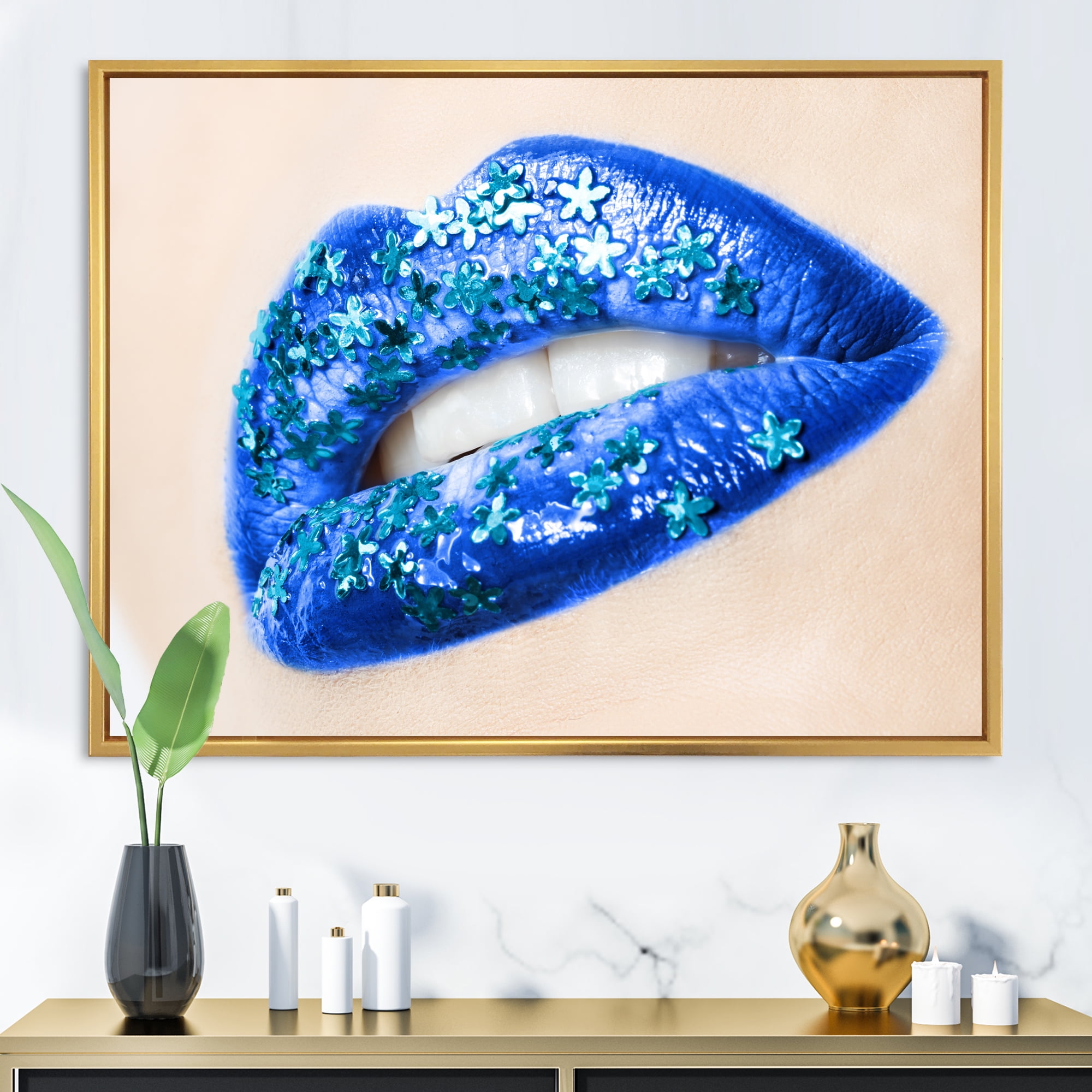 Designart 'Beautiful Woman Lips Blue With Flowers' Modern Framed Canvas Wall Art Print