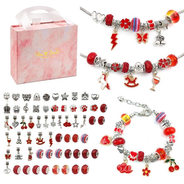 64 PCS Christmas Jewerly Making Kit Charm Bracelet Collares Present Pandora Alloy Beads Set DIY Child Bracelet Envío gratis (Rojo) oso de fresa Hogar