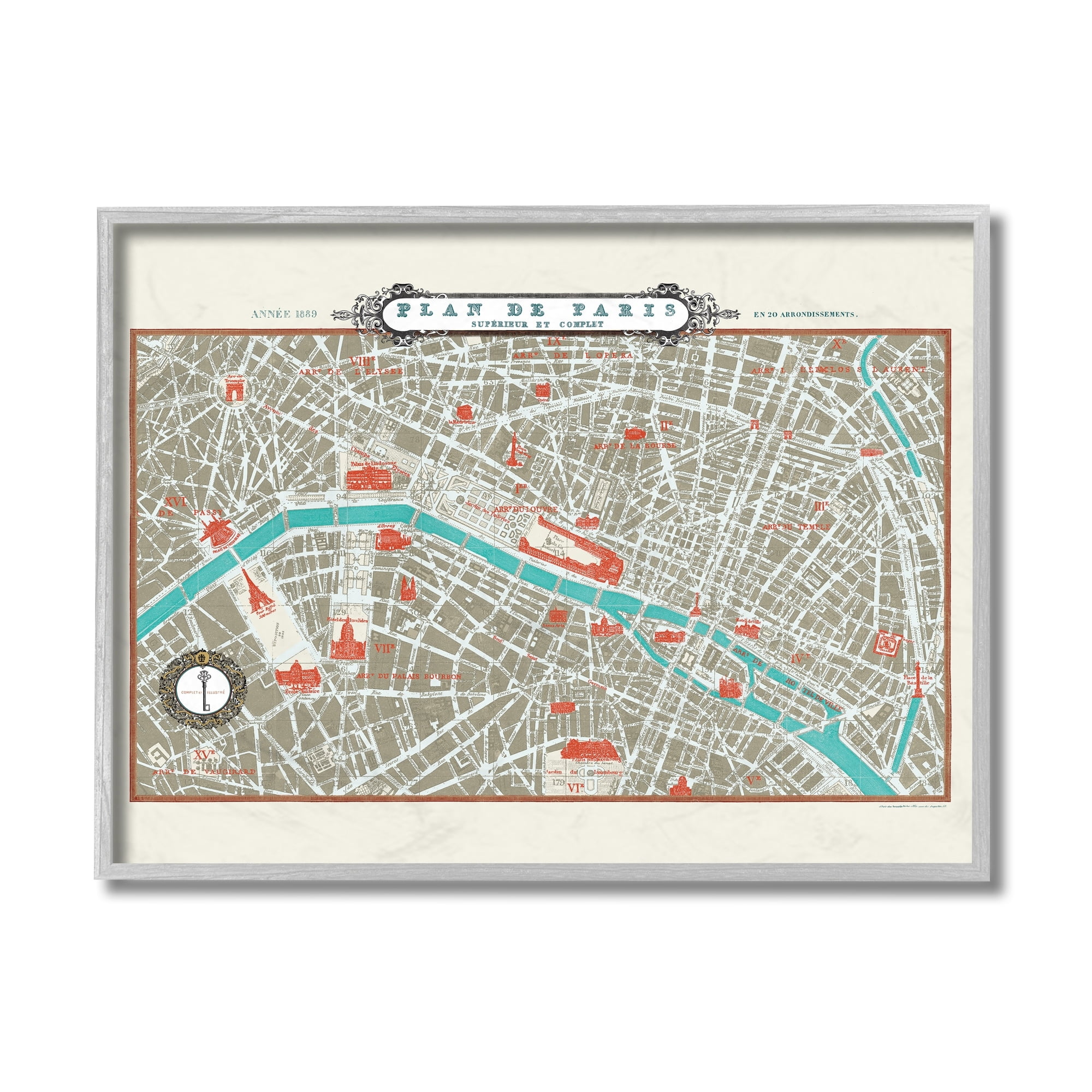 Stupell Industries Vintage Parisian Map Seine River French City Gray Framed by Sue Schlabach