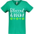 thumbnail image 3 of Inktastic Blessed and Lucky 4 Leaf Clovers St. Patrick's Day Women's V-Neck T-Shirt, 3 of 5