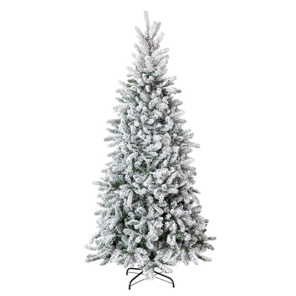 Alvantor 7 ft Pre-Lit Flocked Pencil Christmas Tree, 400 Warm White LED Lights, 8 Modes, 1100 Tips, Snowy Green