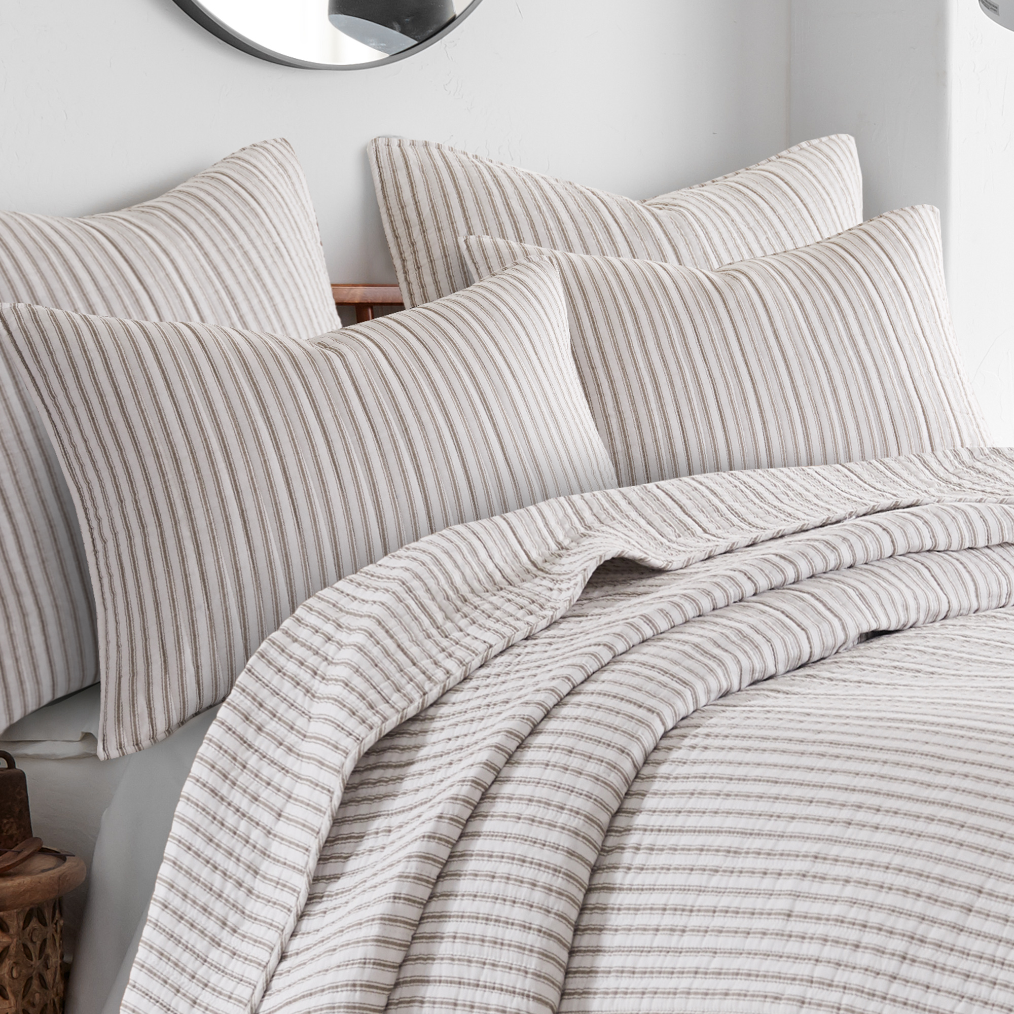 Levtex Home - Tobago Stripe Taupe Quilt Set - King Quilt + Two King Pillow Shams - White, Taupe - Quilt Size (106x92in.) and Pillow Sham Size (36x20in. ) - Reversible - Cotton Fabric