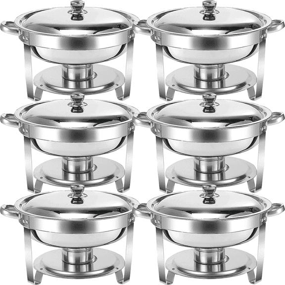 6 Pack Chafing Dish Buffet Set, 5QT Round Stainless Steel Chafer for Catering, Upgraded Chafers and Buffet Warmer Sets w/Food & Water Pan, Lid, Fuel Holder for Party Wedding Holiday