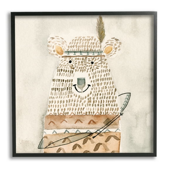 Stupell Industries Native Bear with Pattern Shirt Neutral Watercolor Animals & Insects Painting Black Framed Art Print Wall Art, 12 x 12