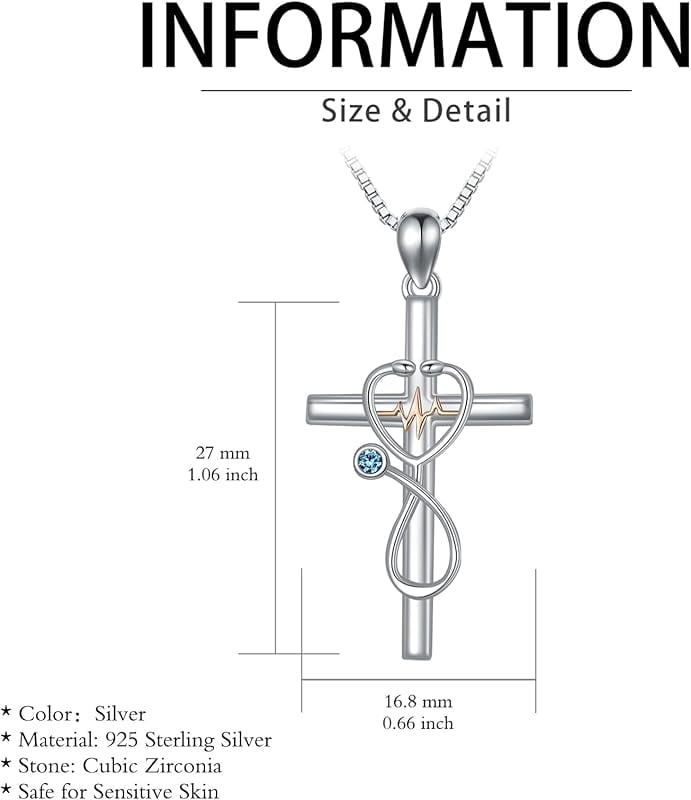 JKR Aquamarine Gifts for Nurse 925 Sterling Silver Stethoscope Cross Necklace for Women Nurse Birthstone Jewelry Nursing Themed Medicine Nurses Day Gifts Doctor Medical Student RN