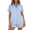 thumbnail image 3 of Pajamas Soft Sleepwear Summer 2 Piece Loungewear Women's Soft Pajamas Set Short Sleeve Button Down Shirt And Ruffled Shorts 2 Piece Sleepwear Loungewear Sets Light Blue Xl, 3 of 9