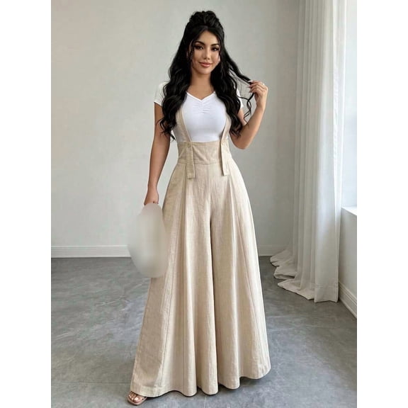 Women's High Waist Wide Leg Jumpsuit Button Strap Textured Flare Leg Loose Fit Pants