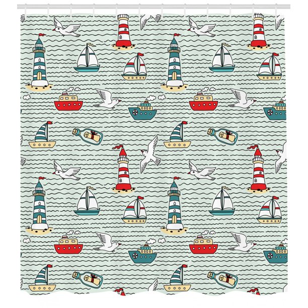 Lighthouse Decor Shower Curtain Set Seagulls Lighthouses Message In Bottles Steamboats Sailboats Wavy Pattern Nautical Theme Bathroom Accessories 69w X 70l Inches By Ambesonne Walmart Com Walmart Com
