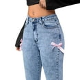 thumbnail image 4 of TOWED22 Girl's Bow Print Back Zipper Fly Elastic High Waist Denim Pants Basic Wide Leg Jeans(Blue,10-11 Y), 4 of 8