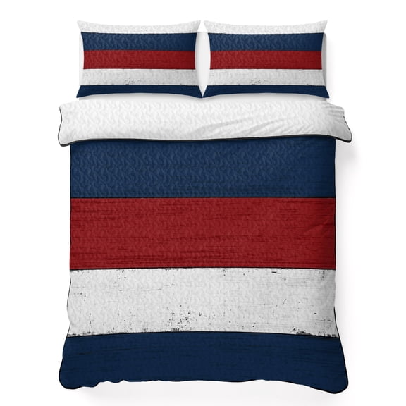 King Quilt Set 96''x106'', Red Navy Blue Stripe Lightweight Bedspread Coverlet Set with 2 Pillow Shams, Retro Farmhouse Striped Vintage Breathable All Season Quilt Bedding for Bedroom/Guest Room