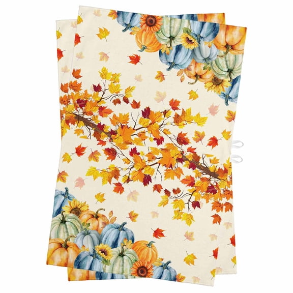 Thanksgiving Maple Kitchen Towels Set of 2, Water Absorbent Dish Towel, Orange Blue Pumpkins Fall Leaves Decorative Hand Towels - Quick Drying Cloth for Cooking Baking, 18x28 Inch