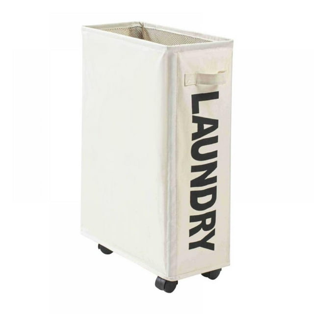 22-Inches Rolling Slim Laundry Hamper on Wheels Clothes Basket Tall Thin Dirty Clothes Bin Storage Basket Organizer Sorter Bedroom Bathroom 15.4×7.8×22 in ( Beige)