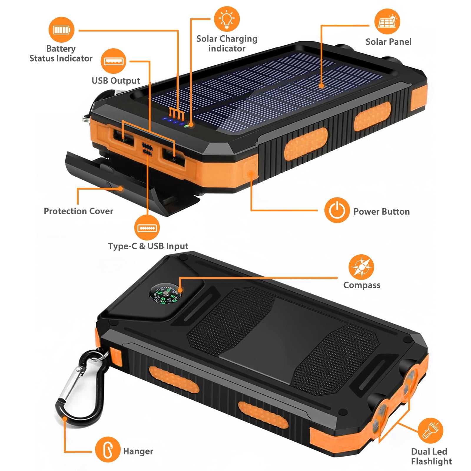 BAOKALER 30000mAh Solar Charger for Cell Phone iPhone, Portable Solar Power Bank with Dual 5V USB Ports, 2 Led Light Flashlight, Compass Battery Pack for Outdoor Camping Hiking(Orange)