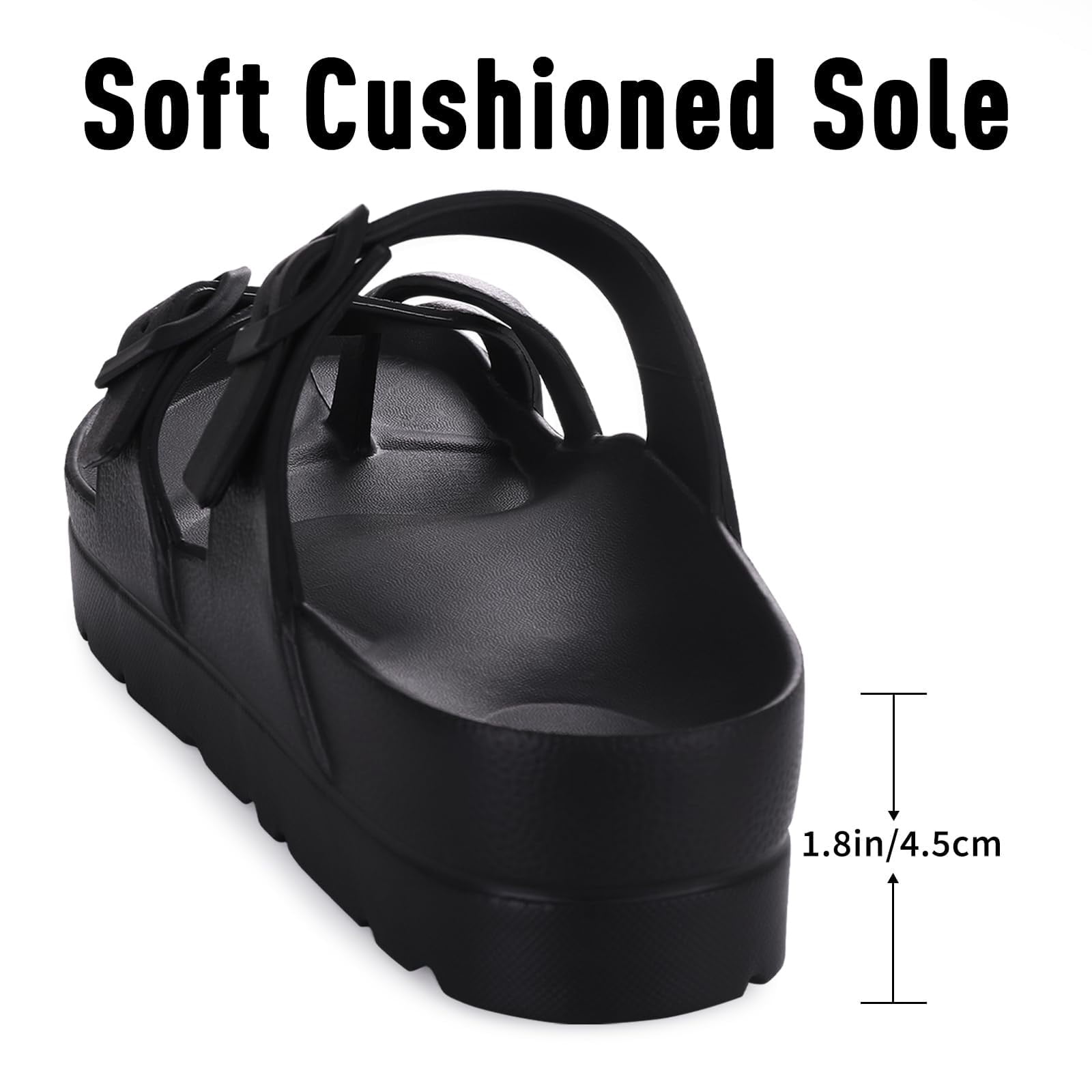 Litfun Slides for Women Thick Soles Slide Sandals with Arch Support Adjustable Buckle Platform Sandals, Black, 8-8.5