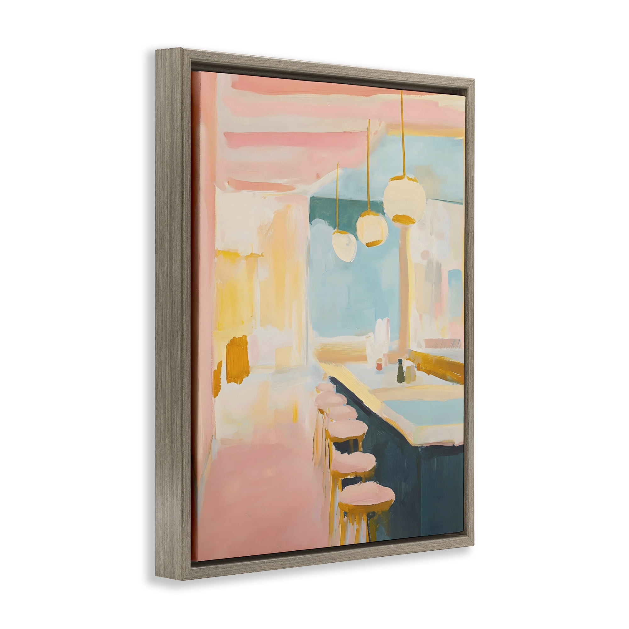 Stupell Industries Pastel Pink Bar Stools Brown Framed Floater Canvas Wall Art, design by The Prints Vibe