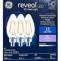 (3 bulbs) GE reveal LED Decorative Chandelier Bulb, 2.5 watt, 150 lumen, candelabra base, Dimmable, soft white 2700K, HD Light for exceptional clarity