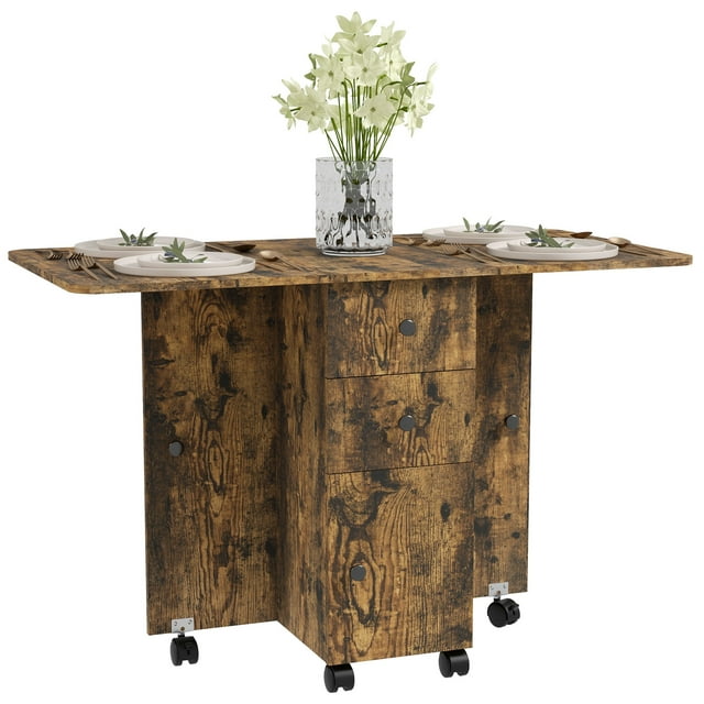 HOMCOM Foldable Dining Table, Rolling Kitchen Table with Drawers, Cabinet